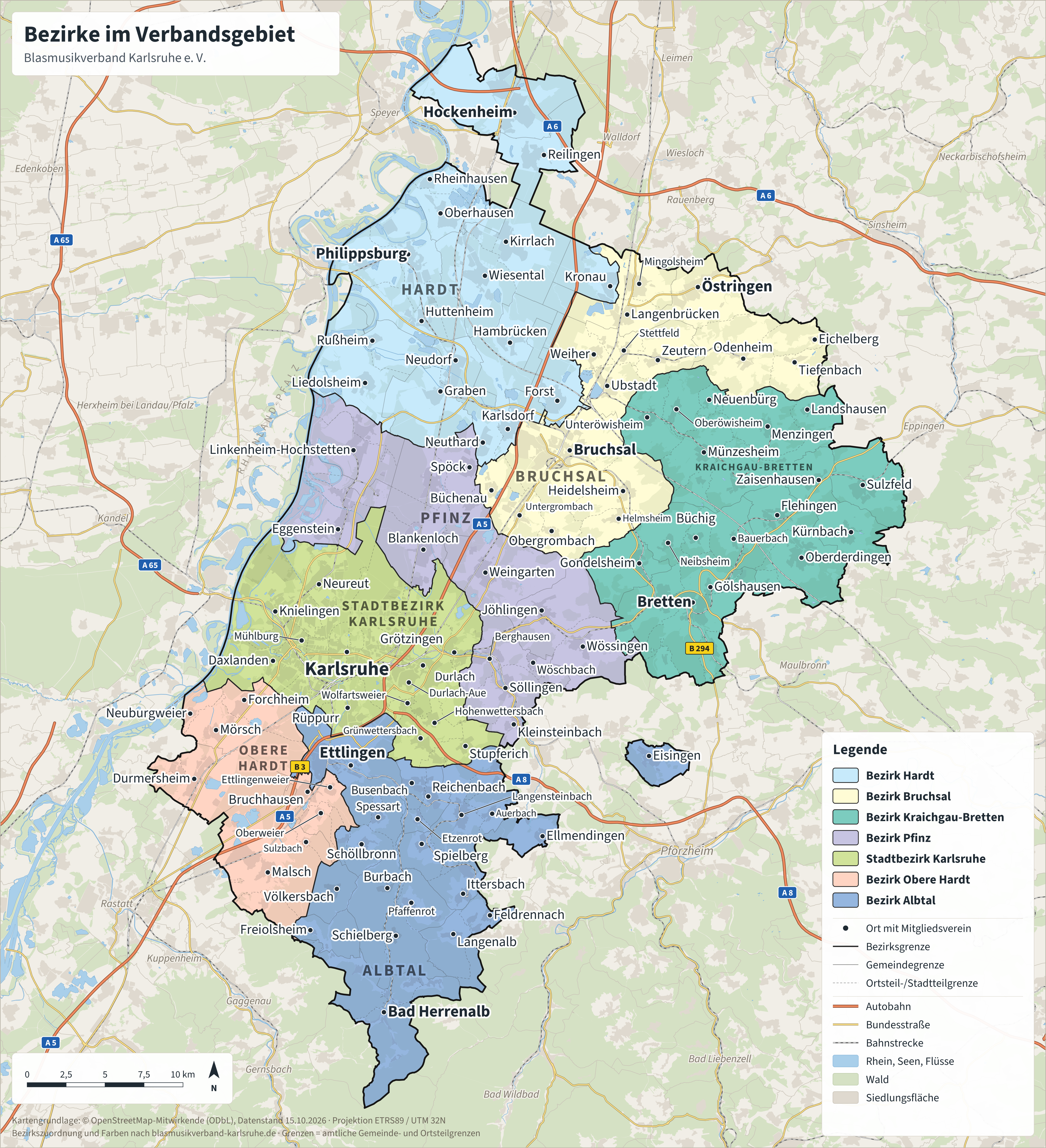 Bezirke im Verbandsgebiet des Blasmusikverbands Karlsruhe